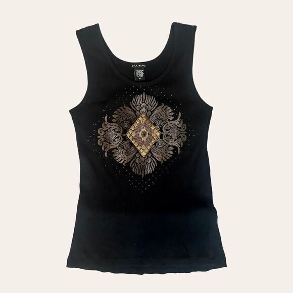 Fang Y2K Grunge Ribbed Tank Cotton Top in Black with Brown/Beaded Design. Size M - Picture 1 of 4